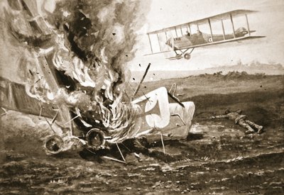 Second-Lieutenant Patrick about to land alongside a German aeroplane which he had shot down by W. Avis